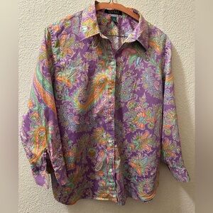 Lauren Ralph Lauren Shirt Women Violet Paisley Print 100% Cotton Button Up SizeL